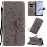 For Xiaomi Mi 9 Pro Tree & Cat Pattern Pressed Printing Horizontal Flip PU Leather Case with Holder & Card Slots & Wallet & Lanyard(Gray)