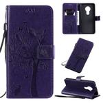 For Nokia 7.2 Tree & Cat Pattern Pressed Printing Horizontal Flip PU Leather Case with Holder & Card Slots & Wallet & Lanyard(Purple)