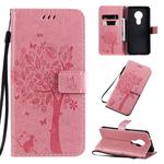 For Nokia 7.2 Tree & Cat Pattern Pressed Printing Horizontal Flip PU Leather Case with Holder & Card Slots & Wallet & Lanyard(Pink)