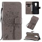 For Nokia 7.2 Tree & Cat Pattern Pressed Printing Horizontal Flip PU Leather Case with Holder & Card Slots & Wallet & Lanyard(Gray)