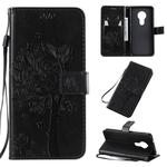 For Nokia 7.2 Tree & Cat Pattern Pressed Printing Horizontal Flip PU Leather Case with Holder & Card Slots & Wallet & Lanyard(Black)