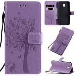 For LG G8X Tree & Cat Pattern Pressed Printing Horizontal Flip PU Leather Case with Holder & Card Slots & Wallet & Lanyard(Light Purple)