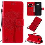 For LG G8X Tree & Cat Pattern Pressed Printing Horizontal Flip PU Leather Case with Holder & Card Slots & Wallet & Lanyard(Red)