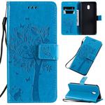 For Xiaomi Redmi 8A Tree & Cat Pattern Pressed Printing Horizontal Flip PU Leather Case with Holder & Card Slots & Wallet & Lanyard(Blue)