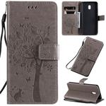 For Xiaomi Redmi 8A Tree & Cat Pattern Pressed Printing Horizontal Flip PU Leather Case with Holder & Card Slots & Wallet & Lanyard(Gray)