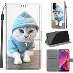 Voltage Coloured Drawing Magnetic Clasp Horizontal Flip PU Leather Case with Holder & Card Slots For OPPO A93 5G / A93s 5G / A54 5G / A74 5G(C15 Blue Sweater White Cat)