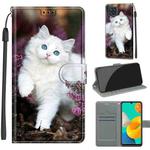 Voltage Coloured Drawing Magnetic Clasp Horizontal Flip PU Leather Case with Holder & Card Slots For Samsung Galaxy M32 4G / F22(C08 Flower Bush Big White Cat)