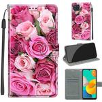 Voltage Coloured Drawing Magnetic Clasp Horizontal Flip PU Leather Case with Holder & Card Slots For Samsung Galaxy M32 4G / F22(C17 Green Leaf Pink Rose)