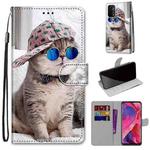 For OPPO A93 5G / A93s 5G / A54 5G / A74 5G Coloured Drawing Cross Texture Horizontal Flip PU Leather Case with Holder & Card Slots & Wallet & Lanyard(Slant Hat Blue Mirror Cat)