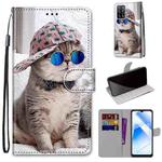 For OPPO A54 4G / A16 4G / A53s 5G / A55 5G Coloured Drawing Cross Texture Horizontal Flip PU Leather Case with Holder & Card Slots & Wallet & Lanyard(Slant Hat Blue Mirror Cat)