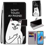 For OPPO F19 / A74 4G Coloured Drawing Cross Texture Horizontal Flip PU Leather Case with Holder & Card Slots & Wallet & Lanyard(Middle Finger White Cat)