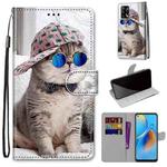 For OPPO F19 / A74 4G Coloured Drawing Cross Texture Horizontal Flip PU Leather Case with Holder & Card Slots & Wallet & Lanyard(Slant Hat Blue Mirror Cat)