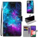 For Samsung Galaxy A22 5G Coloured Drawing Cross Texture Horizontal Flip PU Leather Case with Holder & Card Slots & Wallet & Lanyard(Purple Green Starry Sky)