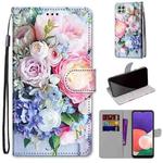 For Samsung Galaxy A22 5G Coloured Drawing Cross Texture Horizontal Flip PU Leather Case with Holder & Card Slots & Wallet & Lanyard(Light Pink Bouquet)