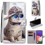For Samsung Galaxy A22 5G Coloured Drawing Cross Texture Horizontal Flip PU Leather Case with Holder & Card Slots & Wallet & Lanyard(Slant Hat Blue Mirror Cat)