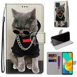 For Samsung Galaxy M32 4G / F22 Coloured Drawing Cross Texture Horizontal Flip PU Leather Case with Holder & Card Slots & Wallet & Lanyard(Golden Chain Grey Cat)