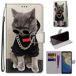 For ZTE Blade A51 Coloured Drawing Cross Texture Horizontal Flip PU Leather Case with Holder & Card Slots & Wallet & Lanyard(Golden Chain Grey Cat)