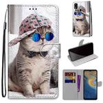 For ZTE Blade A51 Coloured Drawing Cross Texture Horizontal Flip PU Leather Case with Holder & Card Slots & Wallet & Lanyard(Slant Hat Blue Mirror Cat)