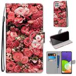 For Samsung Galaxy A22 4G Coloured Drawing Cross Texture Horizontal Flip PU Leather Case with Holder & Card Slots & Wallet & Lanyard(Pink Rose Garden)