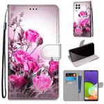 For Samsung Galaxy A22 4G Coloured Drawing Cross Texture Horizontal Flip PU Leather Case with Holder & Card Slots & Wallet & Lanyard(Wild Rose)