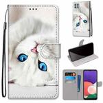 For Samsung Galaxy A22 5G Coloured Drawing Cross Texture Horizontal Flip PU Leather Case with Holder & Card Slots & Wallet & Lanyard(White Kitten)
