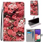 For Samsung Galaxy A22 5G Coloured Drawing Cross Texture Horizontal Flip PU Leather Case with Holder & Card Slots & Wallet & Lanyard(Pink Rose Garden)