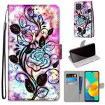 For Samsung Galaxy F22 Coloured Drawing Cross Texture Horizontal Flip PU Leather Case with Holder & Card Slots & Wallet & Lanyard(Color Bottom Hollow Flower)