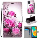 For Samsung Galaxy F22 Coloured Drawing Cross Texture Horizontal Flip PU Leather Case with Holder & Card Slots & Wallet & Lanyard(Wild Rose)