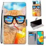 For Samsung Galaxy F22 Coloured Drawing Cross Texture Horizontal Flip PU Leather Case with Holder & Card Slots & Wallet & Lanyard(Cat Drinking Soda)