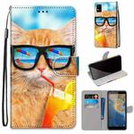 For ZTE Blade A31 Coloured Drawing Cross Texture Horizontal Flip PU Leather Case with Holder & Card Slots & Wallet & Lanyard(Cat Drinking Soda)