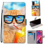 For OPPO A54 5G / A74 5G / A93 5G / A93s 5G Coloured Drawing Cross Texture Horizontal Flip PU Leather Case with Holder & Card Slots & Wallet & Lanyard(Cat Drinking Soda)