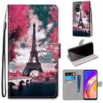 For OPPO F19 Pro+ 5G / A94 5G / A95 5G Coloured Drawing Cross Texture Horizontal Flip PU Leather Case with Holder & Card Slots & Wallet & Lanyard(Pink Flower Tower Bridge)