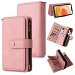 For iPhone 12 / 12 Pro Skin Feel PU + TPU Horizontal Flip Leather Case with Holder & 15 Cards Slot & Wallet & Zipper Pocket & Lanyard(Pink)