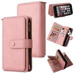 For iPhone SE 2022 / SE 2020 / 8 / 7 Skin Feel PU + TPU Horizontal Flip Leather Case with Holder & 15 Cards Slot & Wallet & Zipper Pocket & Lanyard(Pink)