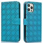 Embossed Big Small Concentric Squares Pattern Horizontal Flip Leather Case with Card Slot & Holder & Wallet For iPhone 12 / 12 Pro(Blue)