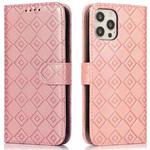 Embossed Big Small Concentric Squares Pattern Horizontal Flip Leather Case with Card Slot & Holder & Wallet For iPhone 12 Pro Max(Pink)
