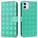 For iPhone 11 Embossed Big Small Concentric Squares Pattern Horizontal Flip Leather Case with Card Slot & Holder & Wallet (Green)