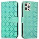 For iPhone 11 Pro Max Embossed Big Small Concentric Squares Pattern Horizontal Flip Leather Case with Card Slot & Holder & Wallet (Green)