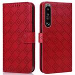 For Sony Xperia 1 III Embossed Big Small Concentric Squares Pattern Horizontal Flip Leather Case with Card Slot & Holder & Wallet(Red)
