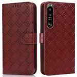 For Sony Xperia 1 III Embossed Big Small Concentric Squares Pattern Horizontal Flip Leather Case with Card Slot & Holder & Wallet(Brown)
