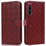 For Sony Xperia 5 Embossed Big Small Concentric Squares Pattern Horizontal Flip Leather Case with Card Slot & Holder & Wallet(Brown)