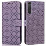 For Sony Xperia 5 II Embossed Big Small Concentric Squares Pattern Horizontal Flip Leather Case with Card Slot & Holder & Wallet(Purple)