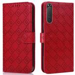 For Sony Xperia 5 II Embossed Big Small Concentric Squares Pattern Horizontal Flip Leather Case with Card Slot & Holder & Wallet(Red)
