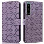 For Sony Xperia 5 III Embossed Big Small Concentric Squares Pattern Horizontal Flip Leather Case with Card Slot & Holder & Wallet(Purple)