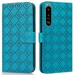 For Sony Xperia 5 III Embossed Big Small Concentric Squares Pattern Horizontal Flip Leather Case with Card Slot & Holder & Wallet(Blue)