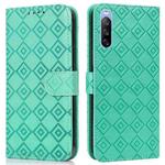 For Sony Xperia 10 III Embossed Big Small Concentric Squares Pattern Horizontal Flip Leather Case with Card Slot & Holder & Wallet(Green)