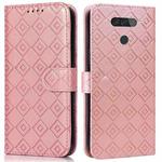For LG Q70 Embossed Big Small Concentric Squares Pattern Horizontal Flip Leather Case with Card Slot & Holder & Wallet(Pink)
