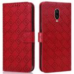 For OnePlus 6T Embossed Big Small Concentric Squares Pattern Horizontal Flip Leather Case with Card Slot & Holder & Wallet(Red)