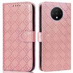 For OnePlus 7T Embossed Big Small Concentric Squares Pattern Horizontal Flip Leather Case with Card Slot & Holder & Wallet(Pink)