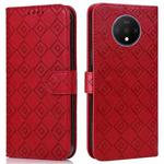 For OnePlus 7T Embossed Big Small Concentric Squares Pattern Horizontal Flip Leather Case with Card Slot & Holder & Wallet(Red)